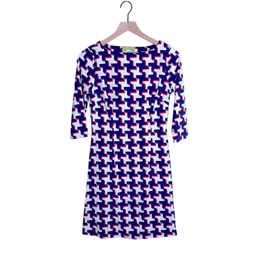 ELIZABETH MCKAY Navy and Orange funky 70s mod Geometric bodycon dress S